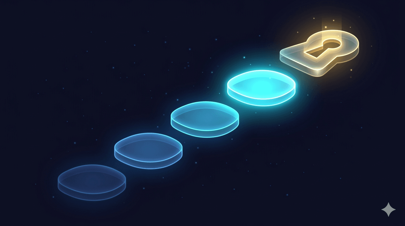 Ascending translucent stepping stones glowing progressively brighter, leading to a golden keyhole, representing the step-by-step journey to unlocking agentic AI capabilities