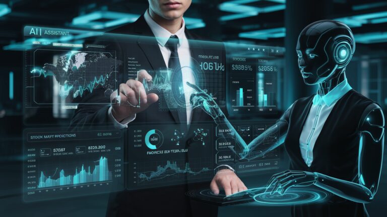 A business professional using AI-driven predictive analytics for financial forecasting, with a futuristic digital dashboard displaying stock market trends and financial data.