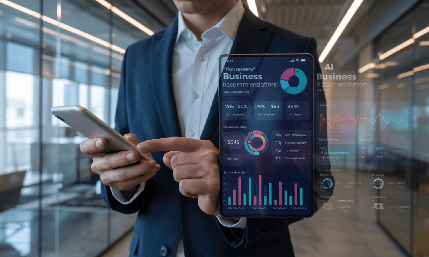A business executive holding a smartphone displaying an AI-powered business dashboard with predictive analytics and key performance indicators (KPIs).